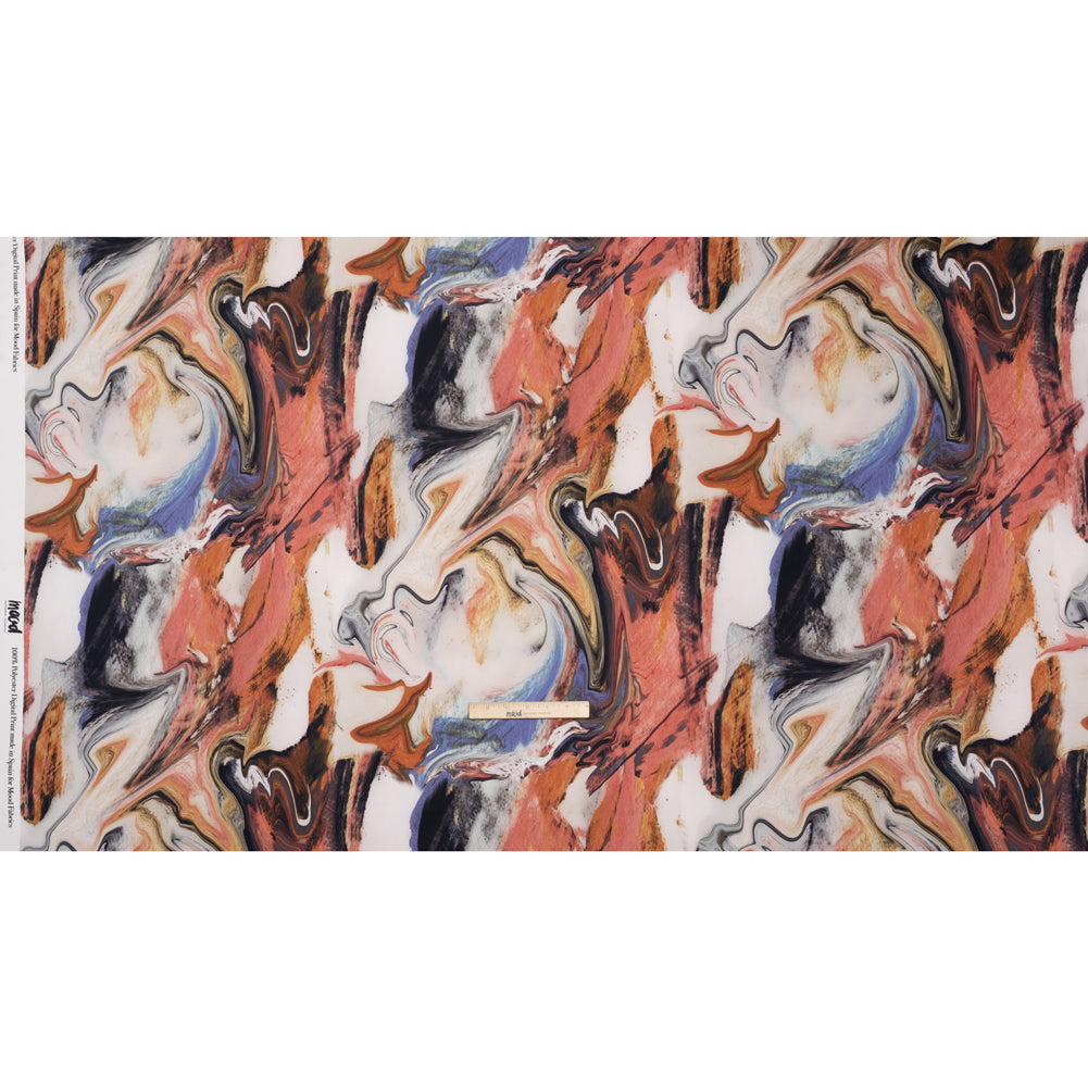 Polyester Satin - Madder Red, Blue and Pale Gray Earthy Swirls - Mood Exclusive Molten Moves Print - Full
