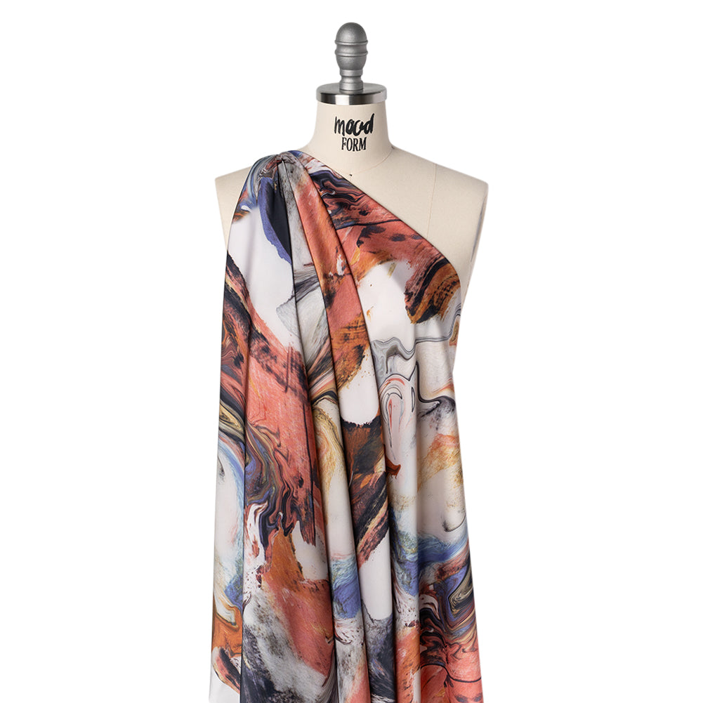 Polyester Satin - Madder Red, Blue and Pale Gray Earthy Swirls - Mood Exclusive Molten Moves Print - Drape