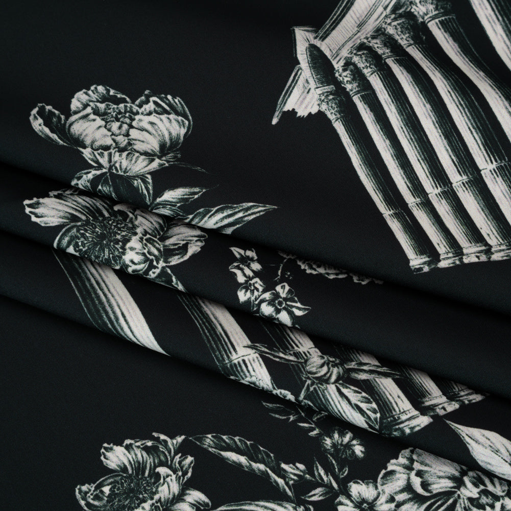 Polyester Satin - White on Black Flowers and Columns - Mood Exclusive Petal Pillars Print - Folded