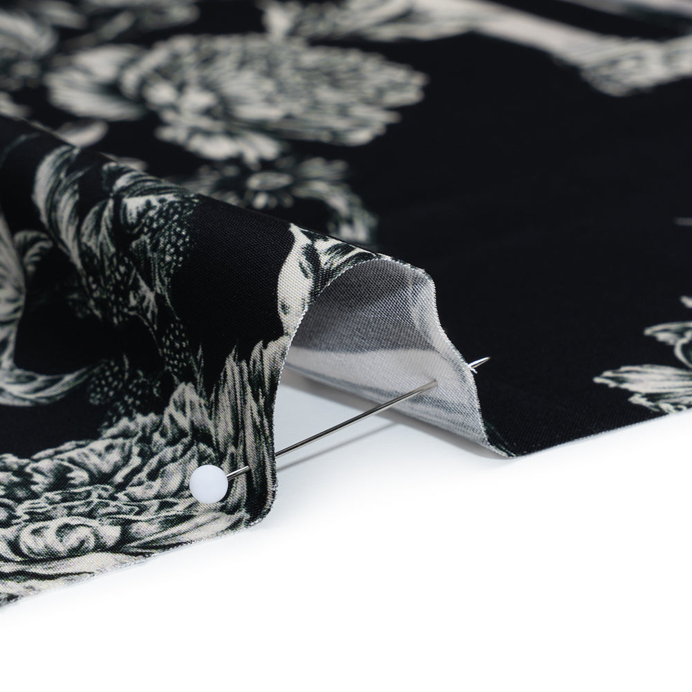 Polyester Satin - White on Black Flowers and Columns - Mood Exclusive Petal Pillars Print - Detail