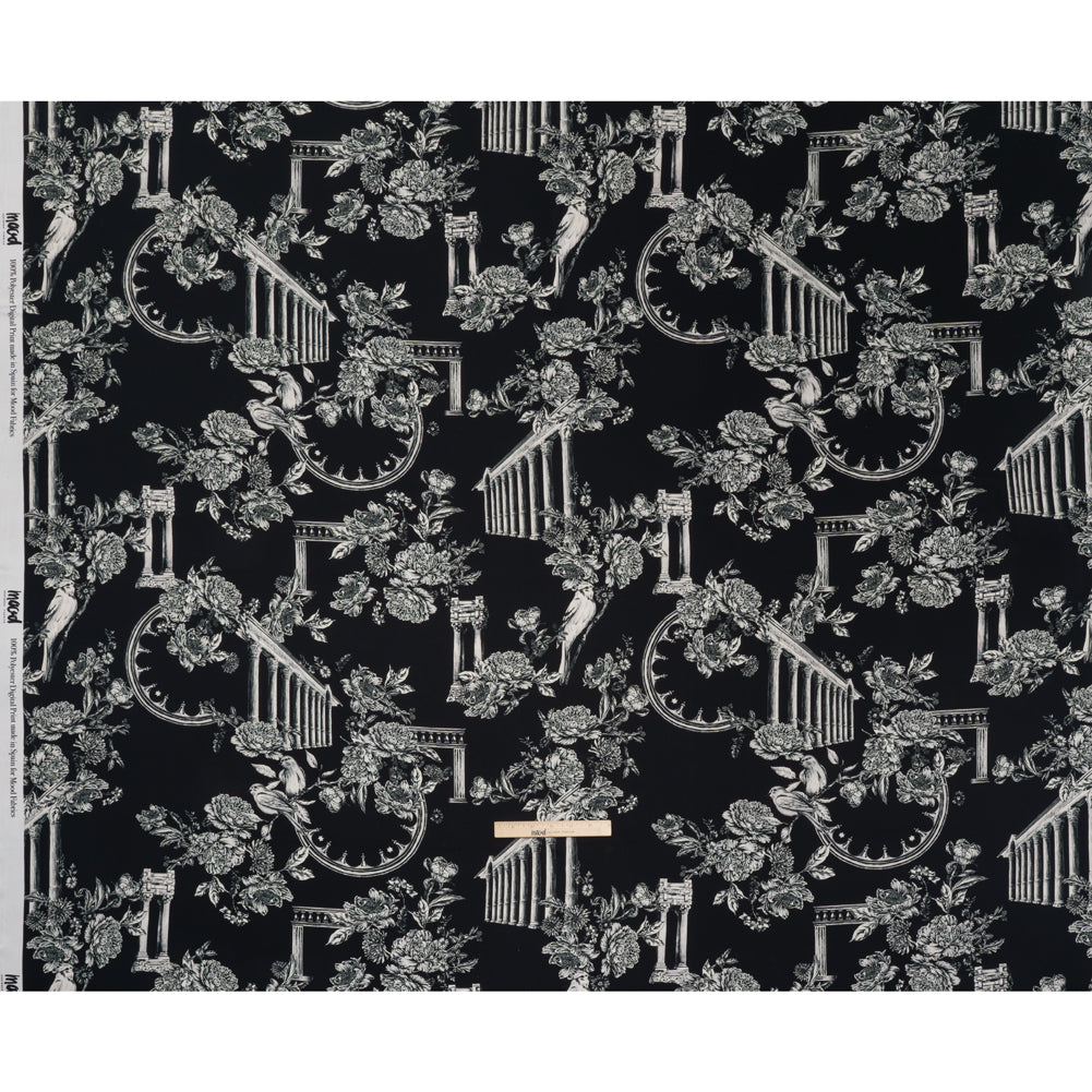 Polyester Satin - White on Black Flowers and Columns - Mood Exclusive Petal Pillars Print - Full