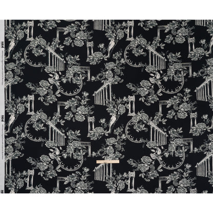 Polyester Satin - White on Black Flowers and Columns - Mood Exclusive Petal Pillars Print