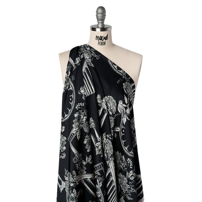 Polyester Satin - White on Black Flowers and Columns - Mood Exclusive Petal Pillars Print