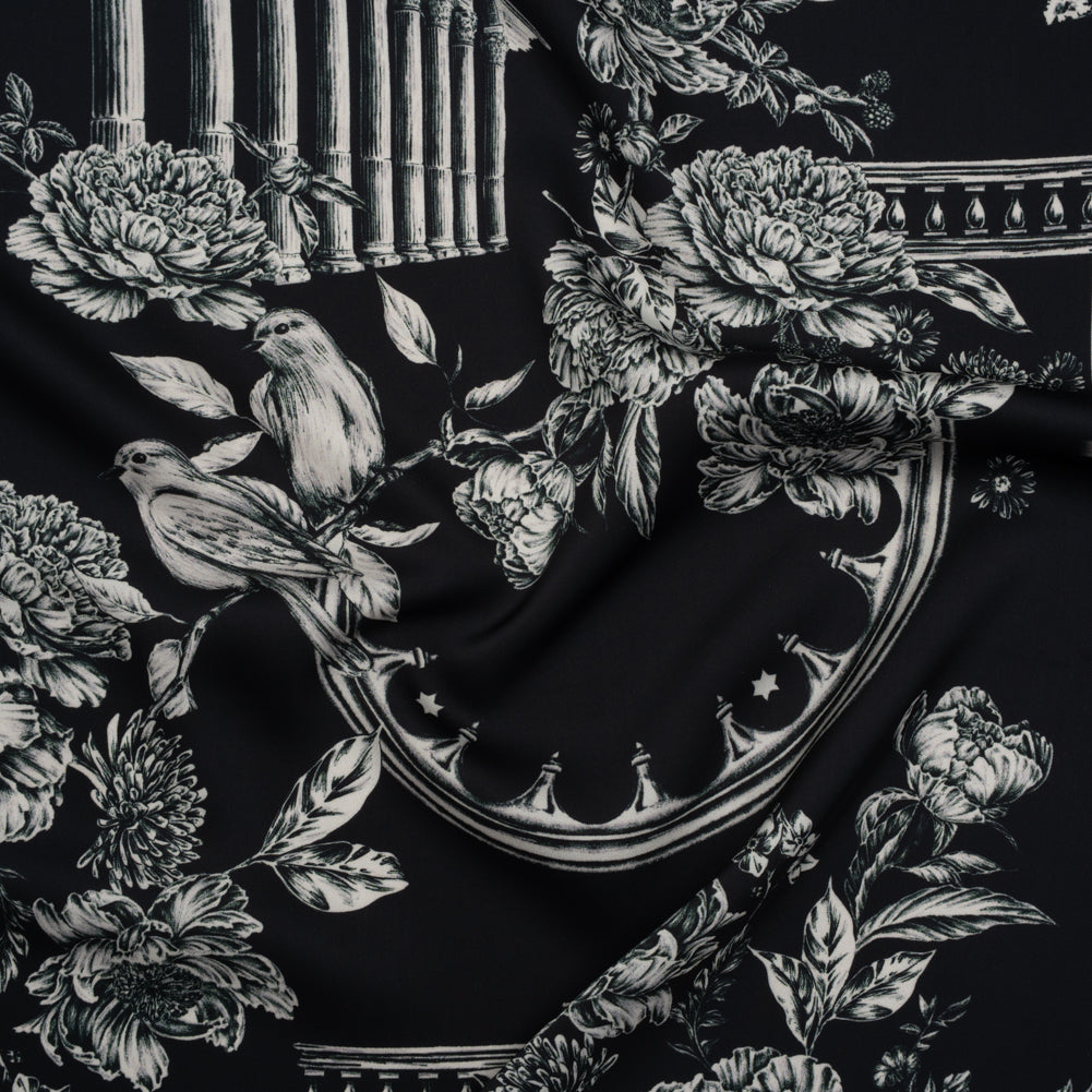 Polyester Satin - White on Black Flowers and Columns - Mood Exclusive Petal Pillars Print