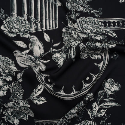 Polyester Satin - White on Black Flowers and Columns - Mood Exclusive Petal Pillars Print