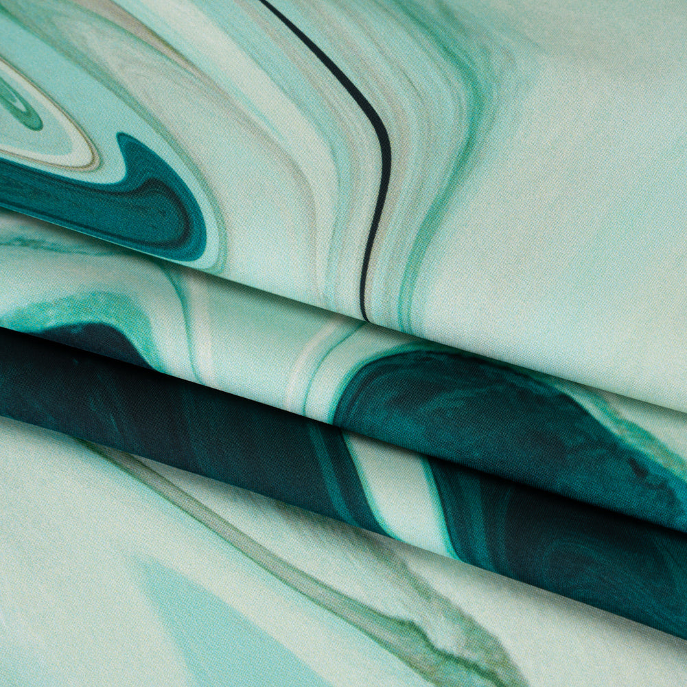 Polyester Satin - Sea Green and Beige Liquid Swirls - Mood Exclusive Liquid Motion Print Folded