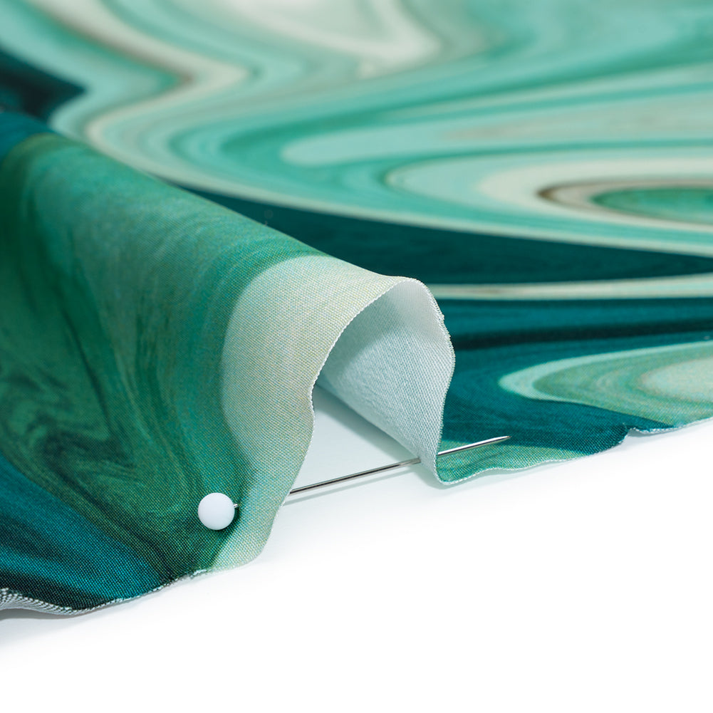 Polyester Satin - Sea Green and Beige Liquid Swirls - Mood Exclusive Liquid Motion Print Detail
