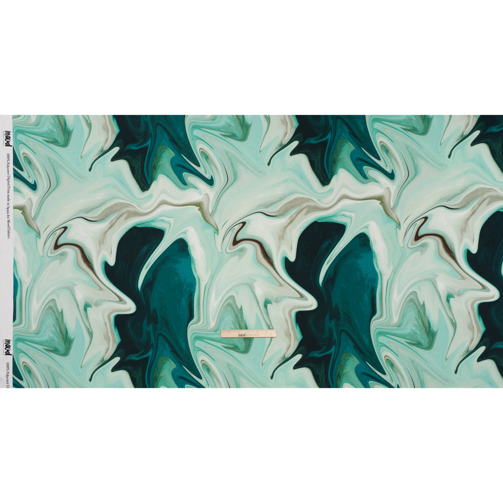 Polyester Satin - Sea Green and Beige Liquid Swirls - Mood Exclusive Liquid Motion Print Full