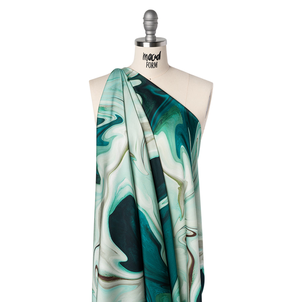 Polyester Satin - Sea Green and Beige Liquid Swirls - Mood Exclusive Liquid Motion Print Drape