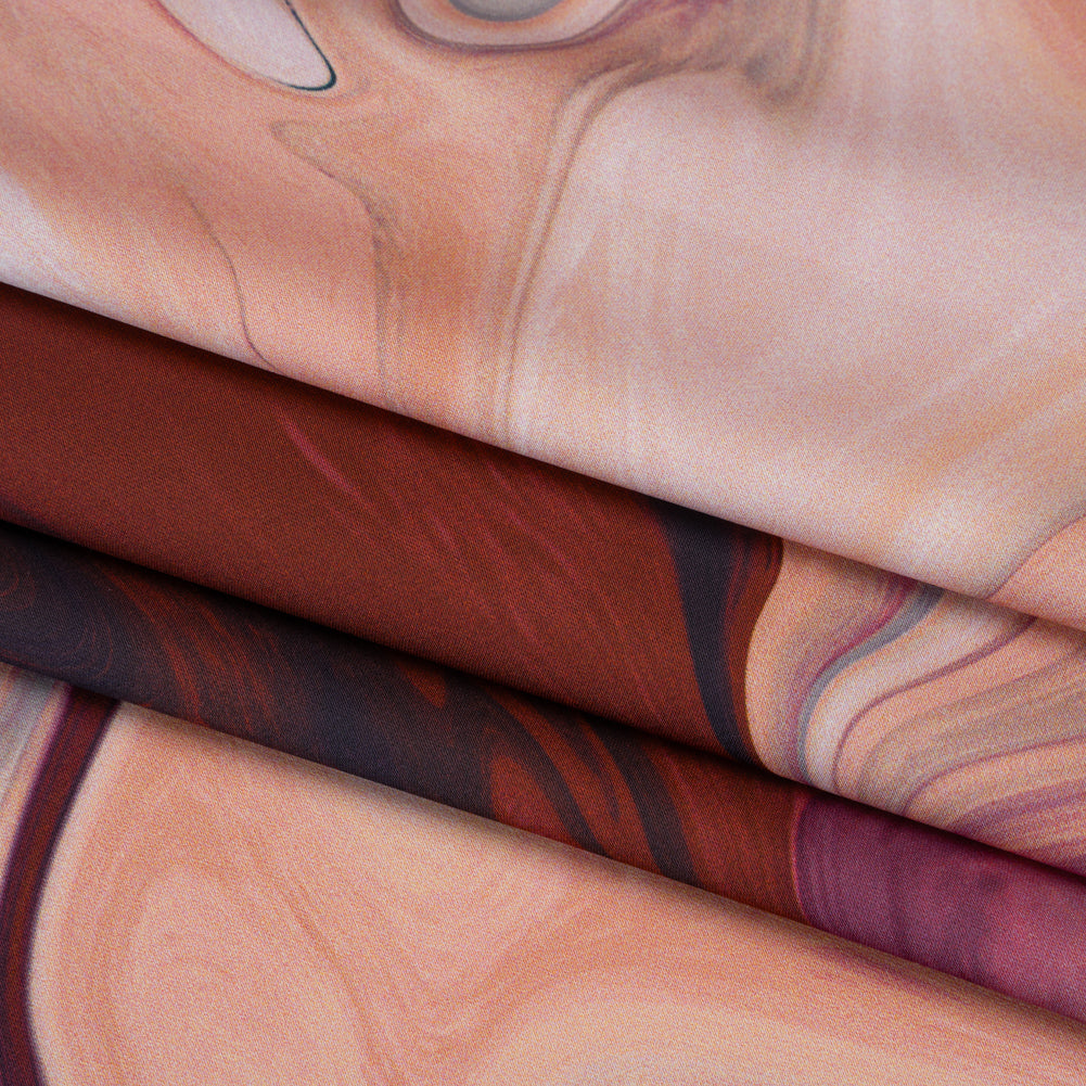 Polyester Satin - Rose Pink, Purple and Steel Blue Liquid Swirls - Mood Exclusive Liquid Motion Print - Folded
