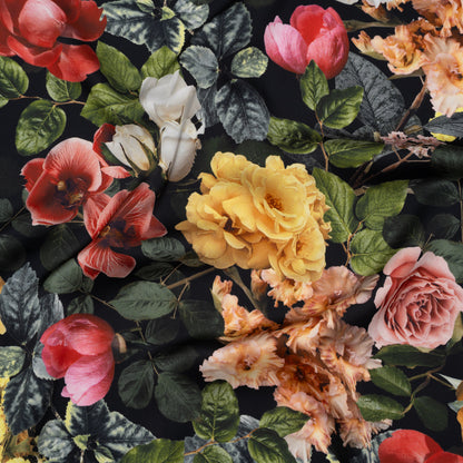 Polyester Satin - Red, Yellow and Green Photorealistic Florals - Mood Exclusive Petals After Dark Print