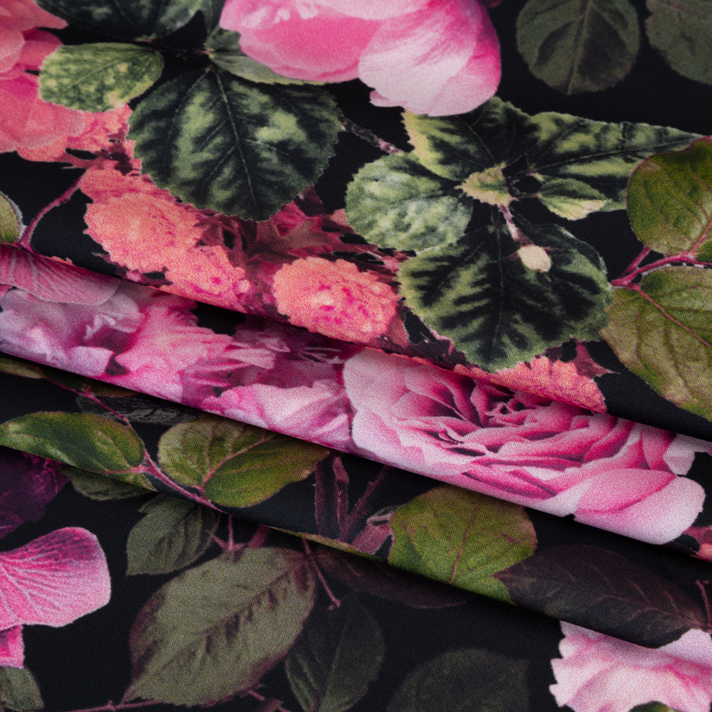 Polyester Satin - Pink, Green and Black Photorealistic Florals - Mood Exclusive Petals After Dark Print Folded