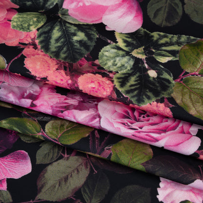 Polyester Satin - Pink, Green and Black Photorealistic Florals - Mood Exclusive Petals After Dark Print Folded