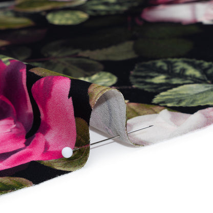 Polyester Satin - Pink, Green and Black Photorealistic Florals - Mood Exclusive Petals After Dark Print Detail