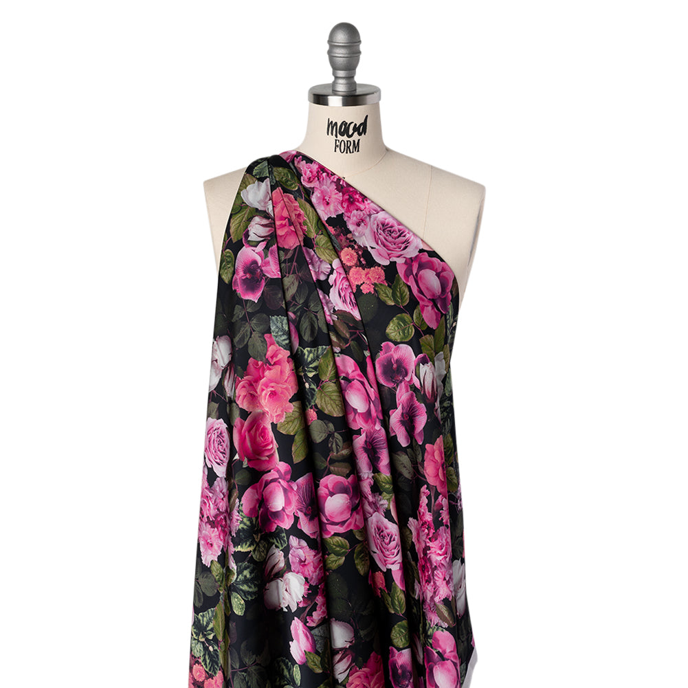 Polyester Satin - Pink, Green and Black Photorealistic Florals - Mood Exclusive Petals After Dark Print Drape