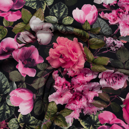 Polyester Satin - Pink, Green and Black Photorealistic Florals - Mood Exclusive Petals After Dark Print