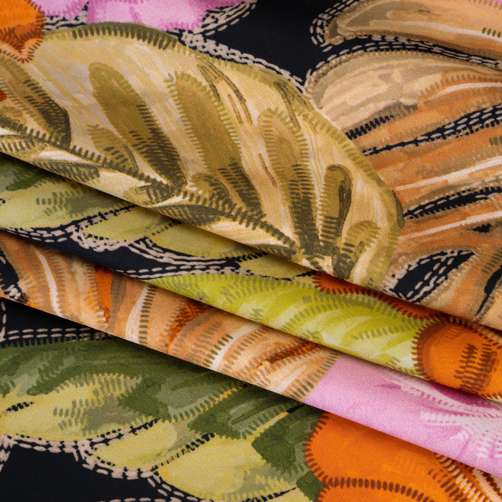 Polyester Satin - Beige, Green and Orange Tropical Leaves and Flowers with Stitching - Mood Exclusive Sunstitched Canopy Print - Folded