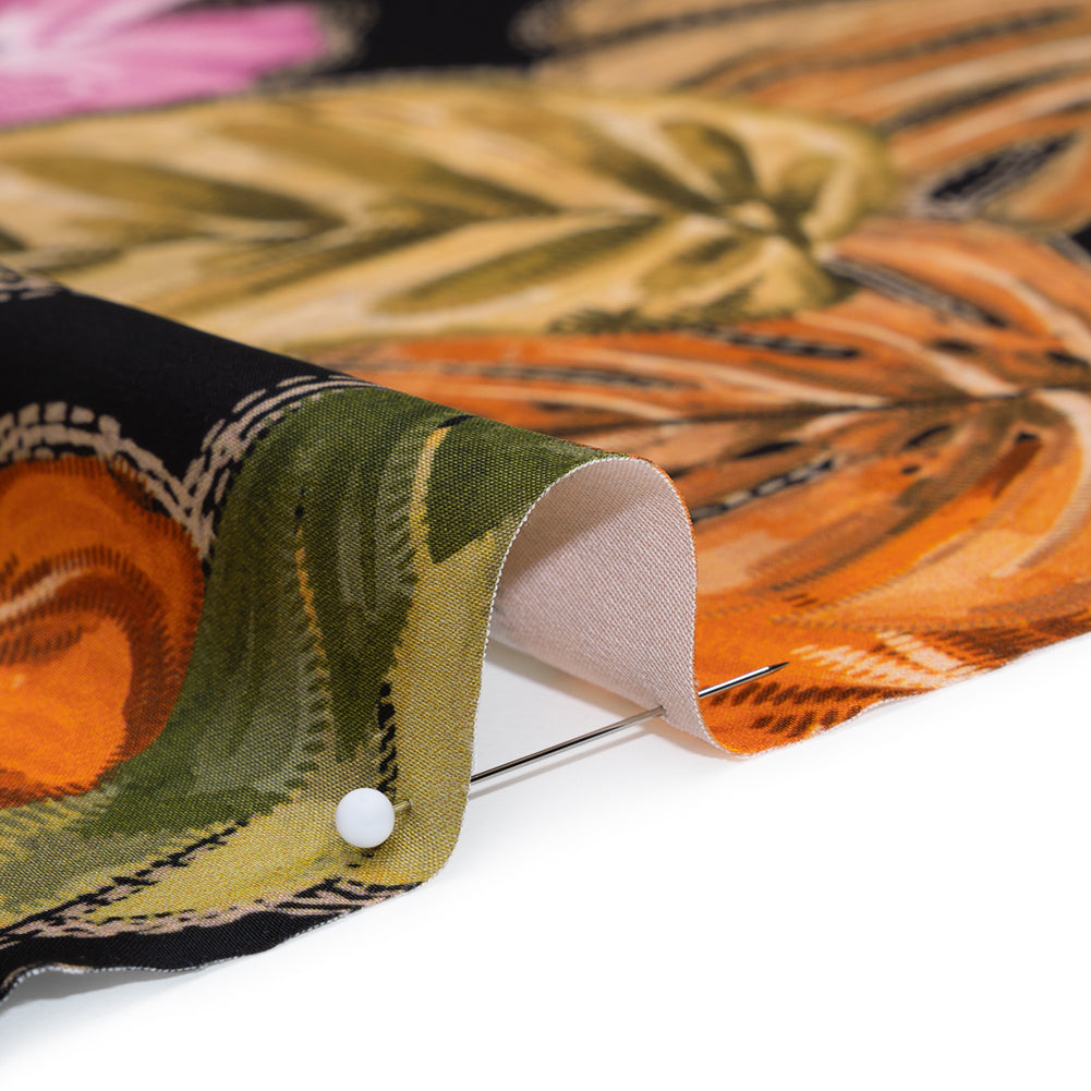 Polyester Satin - Beige, Green and Orange Tropical Leaves and Flowers with Stitching - Mood Exclusive Sunstitched Canopy Print - Detail