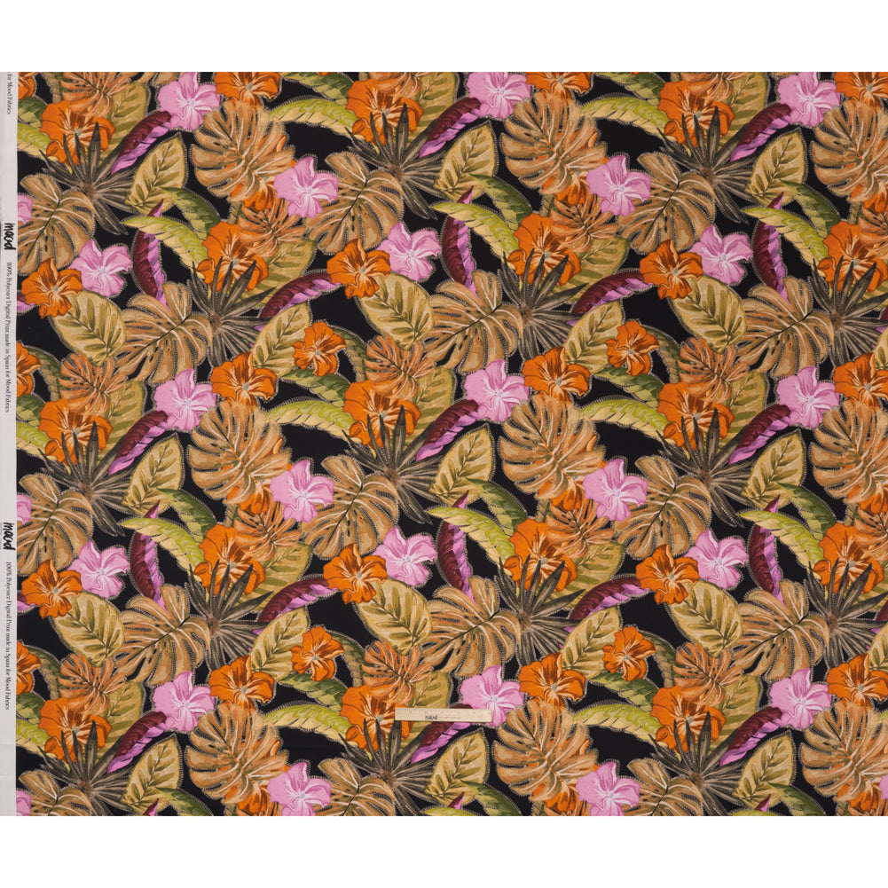 Polyester Satin - Beige, Green and Orange Tropical Leaves and Flowers with Stitching - Mood Exclusive Sunstitched Canopy Print - Full
