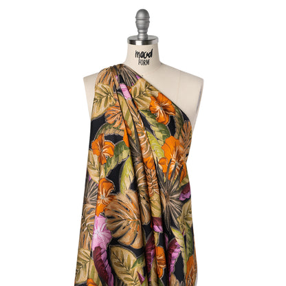 Polyester Satin - Beige, Green and Orange Tropical Leaves and Flowers with Stitching - Mood Exclusive Sunstitched Canopy Print