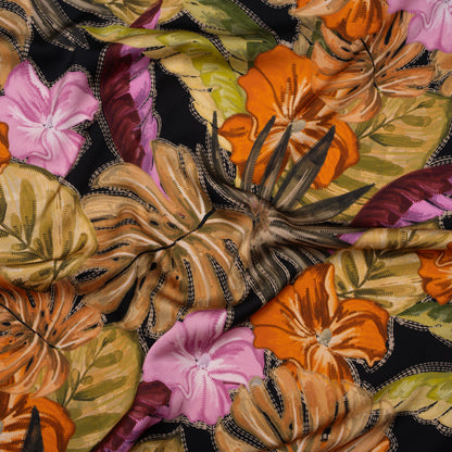 Polyester Satin - Beige, Green and Orange Tropical Leaves and Flowers with Stitching - Mood Exclusive Sunstitched Canopy Print