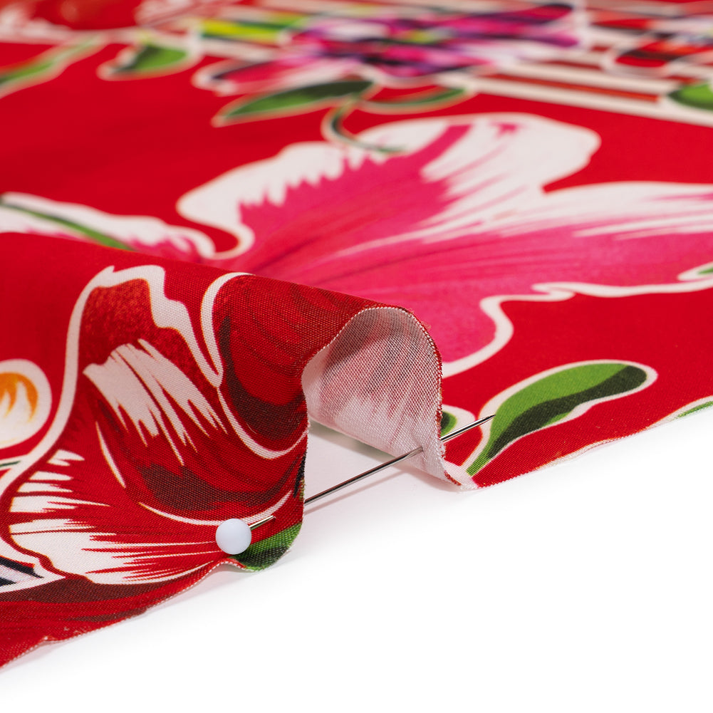 Polyester Satin - Red, Yellow and Blue Flowers and Striped Blocks - Mood Exclusive Linear Bloom Print Detail