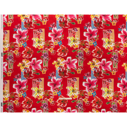 Polyester Satin - Red, Yellow and Blue Flowers and Striped Blocks - Mood Exclusive Linear Bloom Print Full