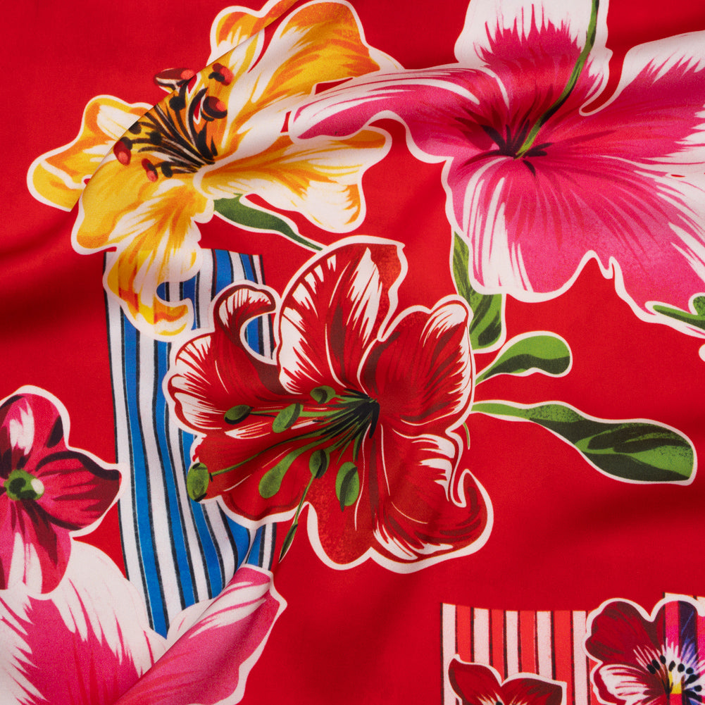 Polyester Satin - Red, Yellow and Blue Flowers and Striped Blocks - Mood Exclusive Linear Bloom Print
