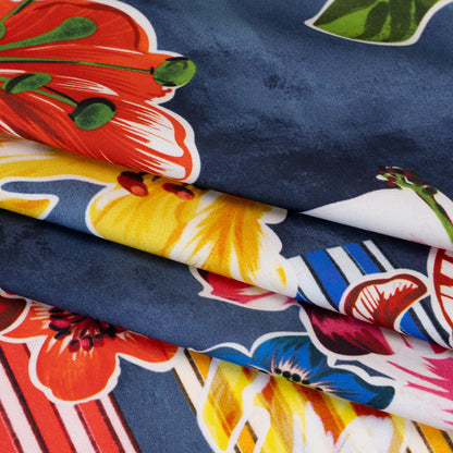 Polyester Satin - Navy Blue, Red and Pink Flowers and Striped Blocks - Mood Exclusive Linear Bloom Print Folded