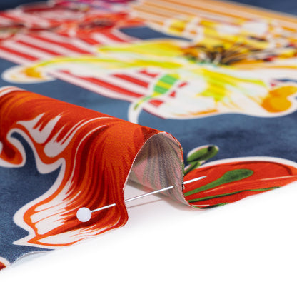 Polyester Satin - Navy Blue, Red and Pink Flowers and Striped Blocks - Mood Exclusive Linear Bloom Print Detail