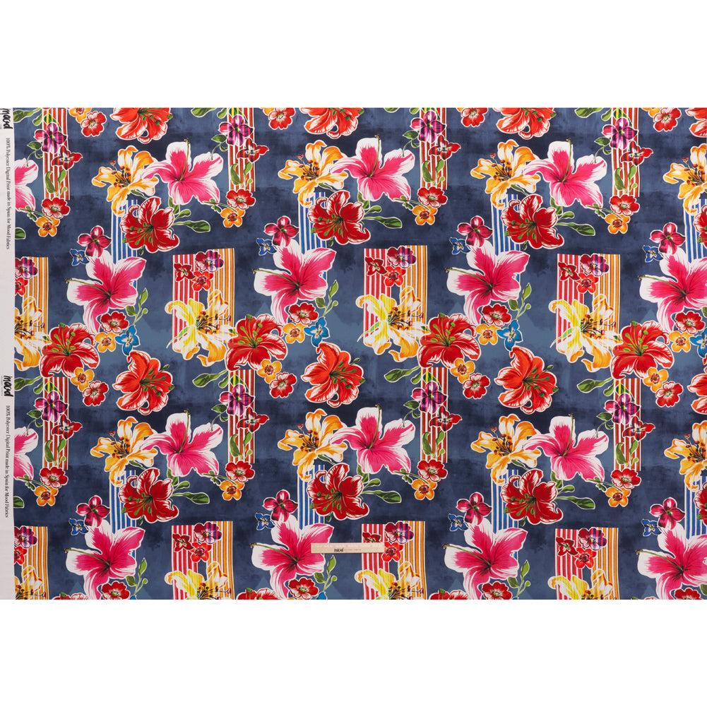 Polyester Satin - Navy Blue, Red and Pink Flowers and Striped Blocks - Mood Exclusive Linear Bloom Print Full