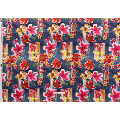 Polyester Satin - Navy Blue, Red and Pink Flowers and Striped Blocks - Mood Exclusive Linear Bloom Print Full