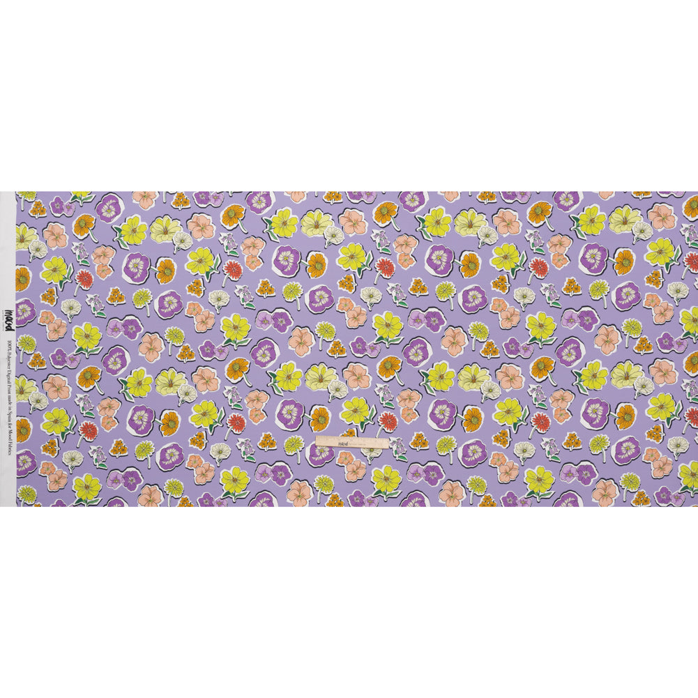 Polyester Satin - Lavender, Lime Green and Orange Little Floral Stickers - Mood Exclusive Sticker Garden Print - Full