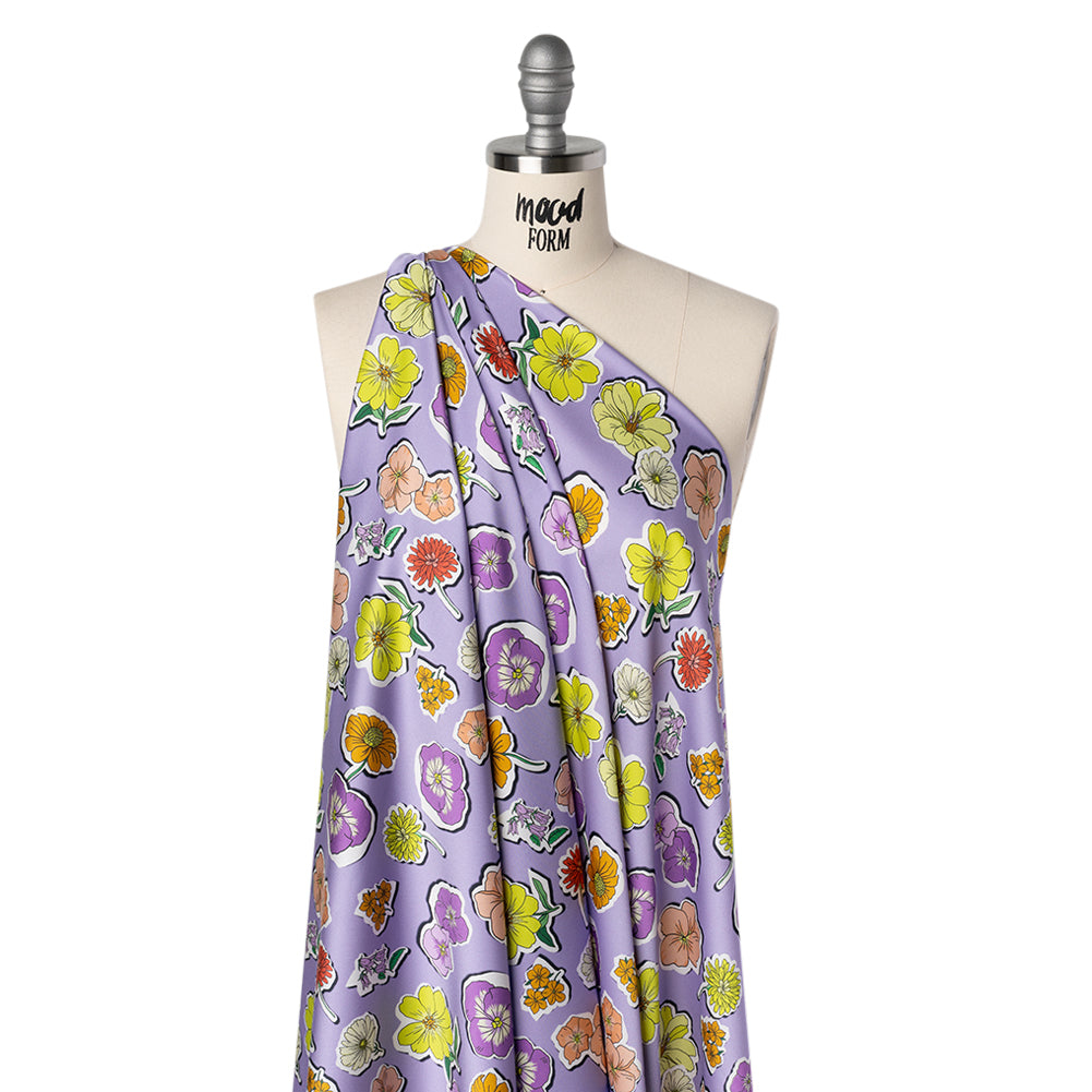 Polyester Satin - Lavender, Lime Green and Orange Little Floral Stickers - Mood Exclusive Sticker Garden Print - Drape
