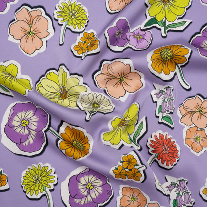 Polyester Satin - Lavender, Lime Green and Orange Little Floral Stickers - Mood Exclusive Sticker Garden Print