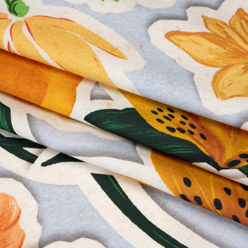 Polyester Satin - Pale Blue, Green and Orange Flowers Collage - Mood Exclusive Clipped Botanicals Print - Folded