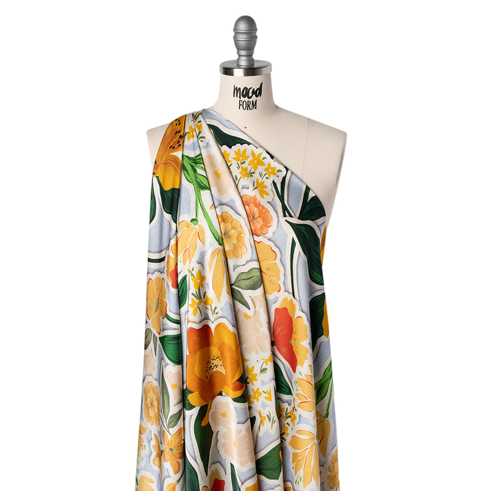 Polyester Satin - Pale Blue, Green and Orange Flowers Collage - Mood Exclusive Clipped Botanicals Print - Drape