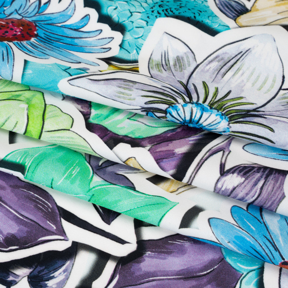 Polyester Satin - Green, Blue and Purple Overlapping Flower Cutouts - Mood Exclusive Layered Whimsy Print Folded