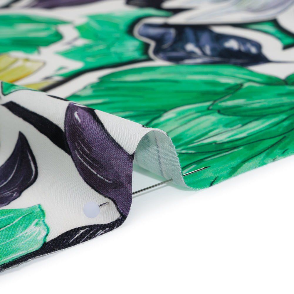 Polyester Satin - Green, Blue and Purple Overlapping Flower Cutouts - Mood Exclusive Layered Whimsy Print Detail
