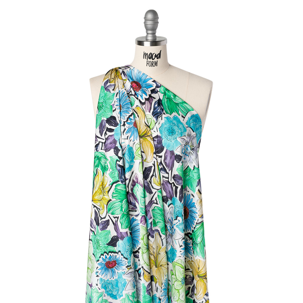 Polyester Satin - Green, Blue and Purple Overlapping Flower Cutouts - Mood Exclusive Layered Whimsy Print Drape