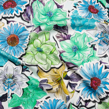 Polyester Satin - Green, Blue and Purple Overlapping Flower Cutouts - Mood Exclusive Layered Whimsy Print