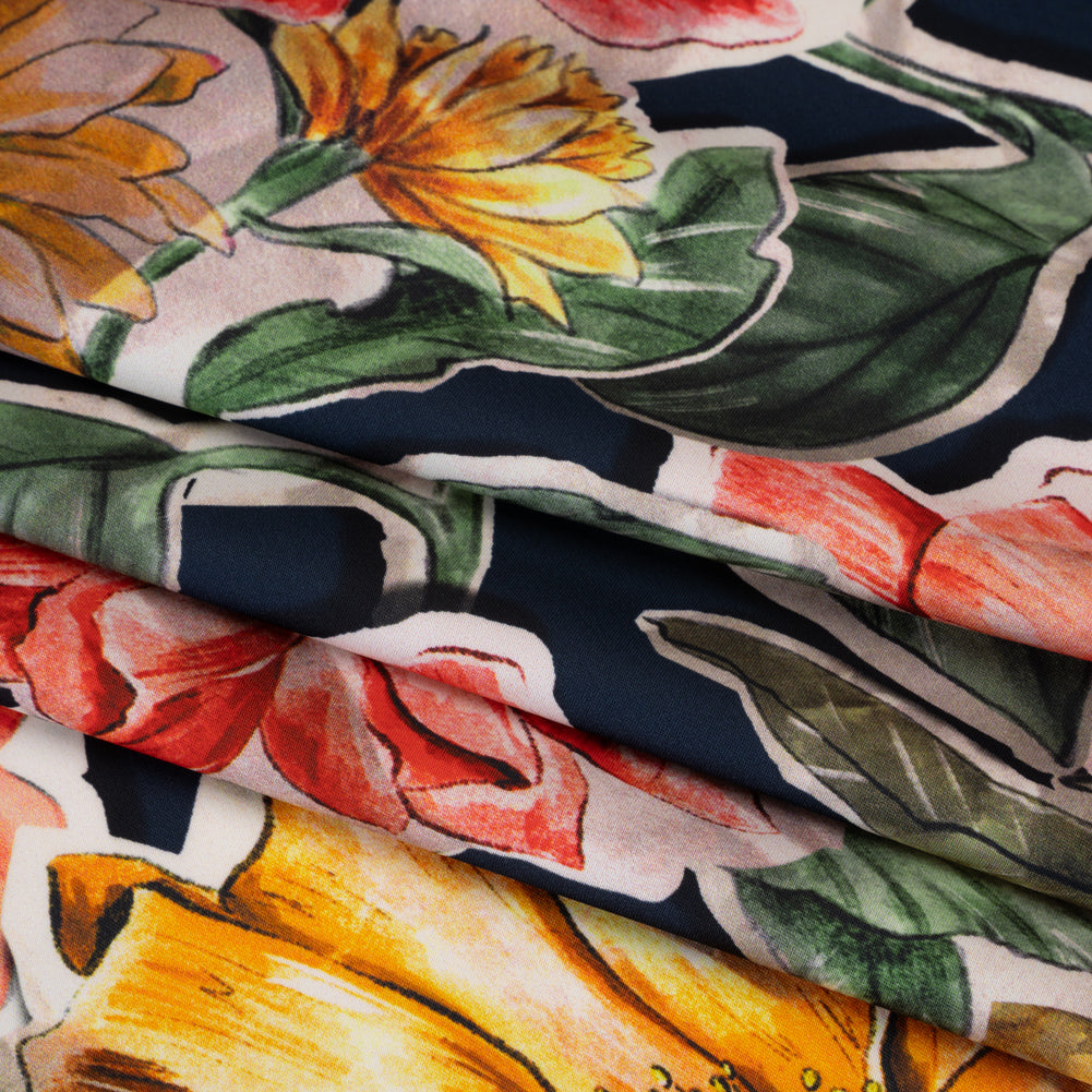 Polyester Satin - Golden Orange, Red and Green Illustrated Flower Collage - Mood Exclusive Floral Montage Print - Folded
