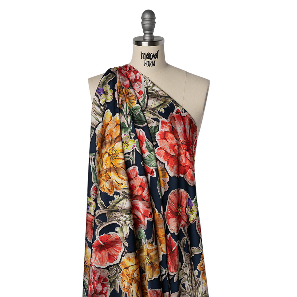 Polyester Satin - Golden Orange, Red and Green Illustrated Flower Collage - Mood Exclusive Floral Montage Print - Drape