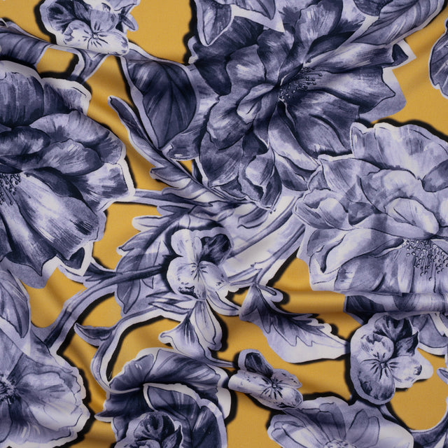 Polyester Satin - Gold and Steel Blue Illustrated Flower Collage - Mood Exclusive Floral Montage Print