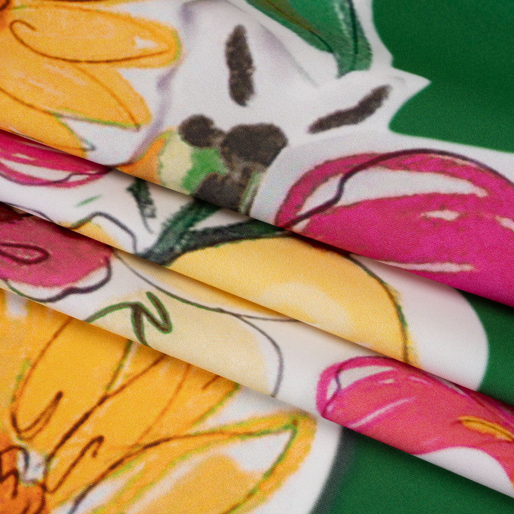 Polyester Satin - Green, Pink and Yellow Flower Sketches - Mood Exclusive Brushlight Blossoms Print Folded