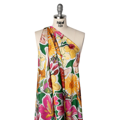 Polyester Satin - Green, Pink and Yellow Flower Sketches - Mood Exclusive Brushlight Blossoms Print Drape
