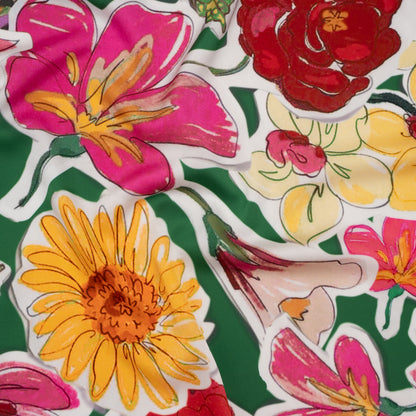 Polyester Satin - Green, Pink and Yellow Flower Sketches - Mood Exclusive Brushlight Blossoms Print