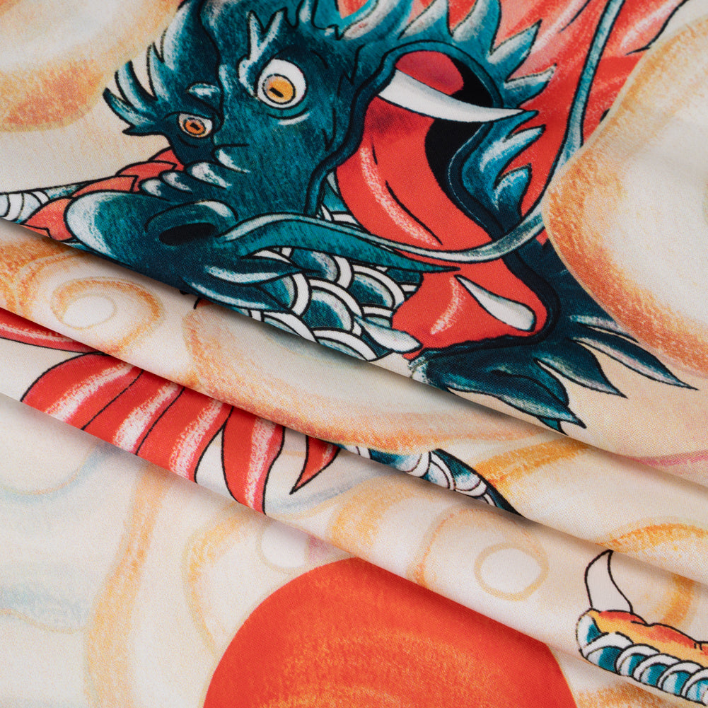 Polyester Satin - Red, Blue Green and Orange Eastern Dragon in Clouds - Mood Exclusive Skybound Scales Print - Folded