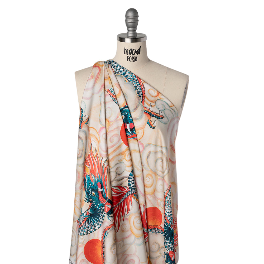 Polyester Satin - Red, Blue Green and Orange Eastern Dragon in Clouds - Mood Exclusive Skybound Scales Print - Drape