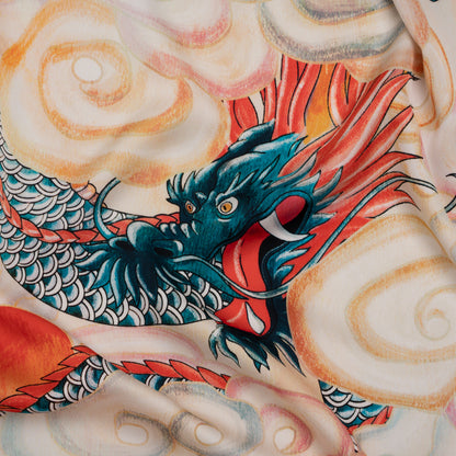 Polyester Satin - Red, Blue Green and Orange Eastern Dragon in Clouds - Mood Exclusive Skybound Scales Print